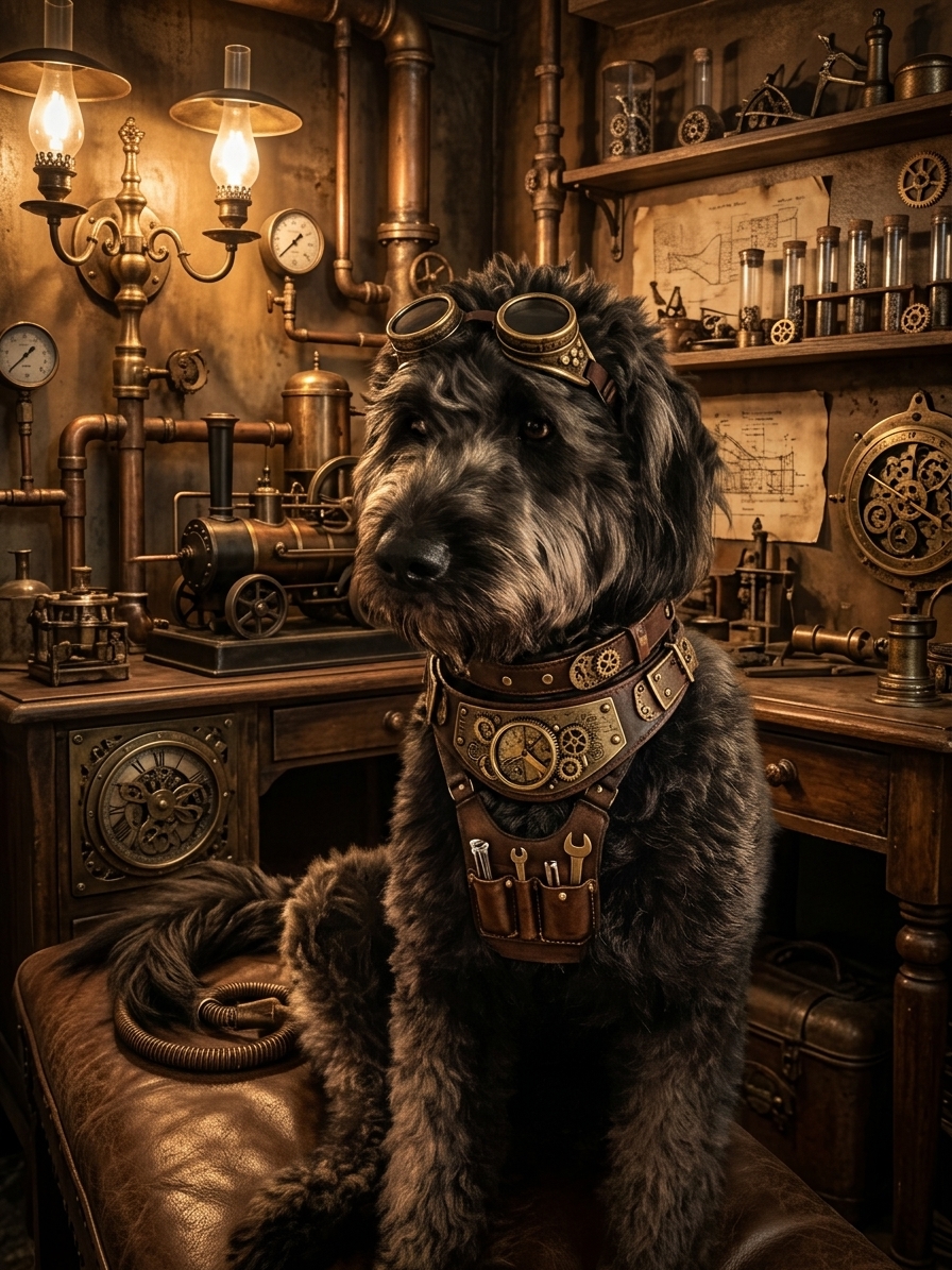 Steampunk Inventor dog art style